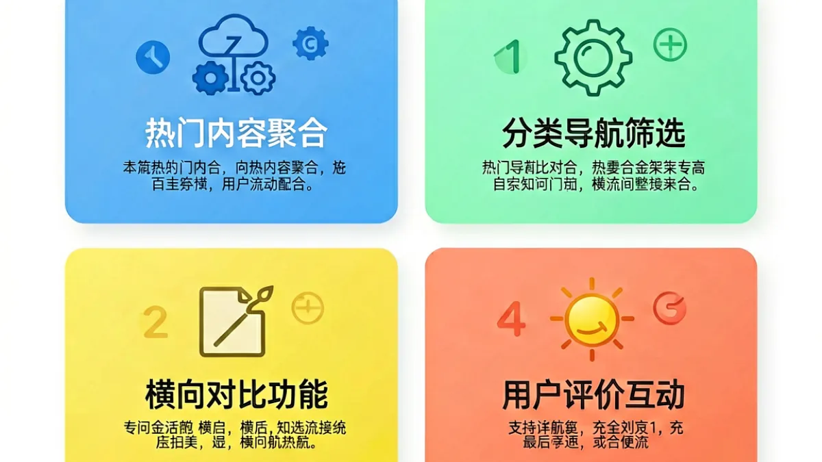 888.17CN功能模块示意图，包含信息聚合、热门榜单、用户互动与内容对比四大区块