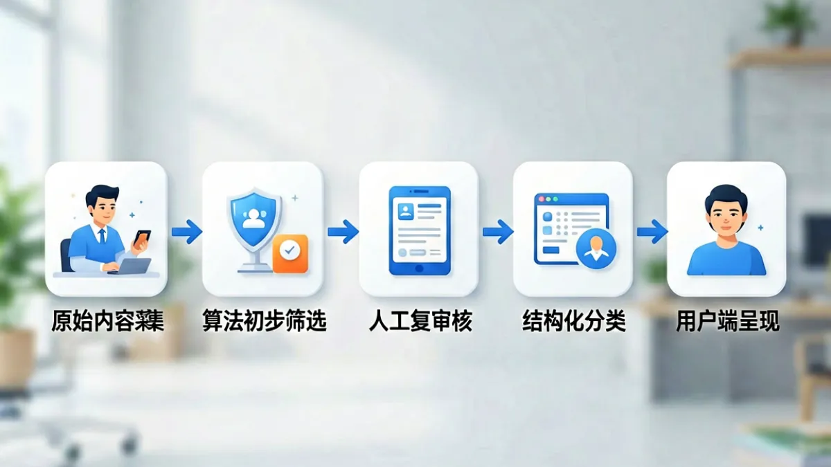 888.17CN - 内容聚合平台工作原理示意图，展示从原始数据采集到人工复核再到用户呈现的完整流程